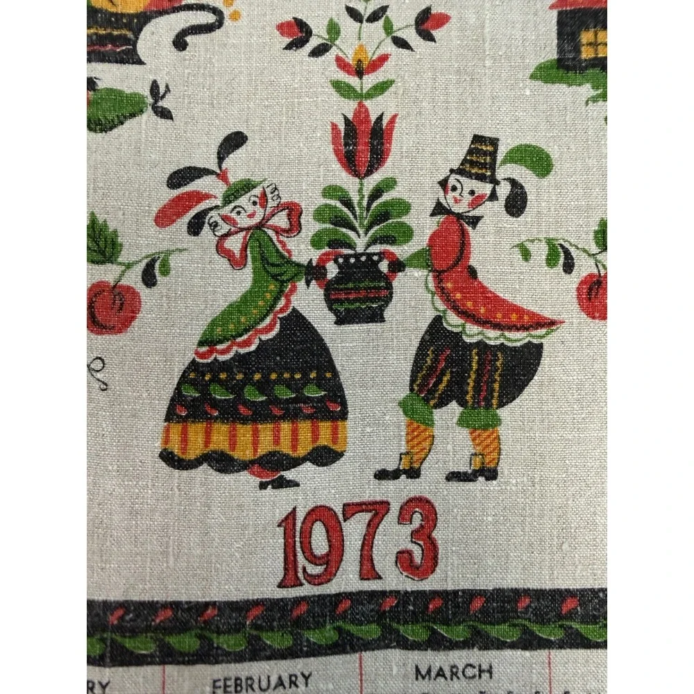 VTG 1973 Parisian Print Linen Kitchen Calendar Tea Towel Amish Dutch Country